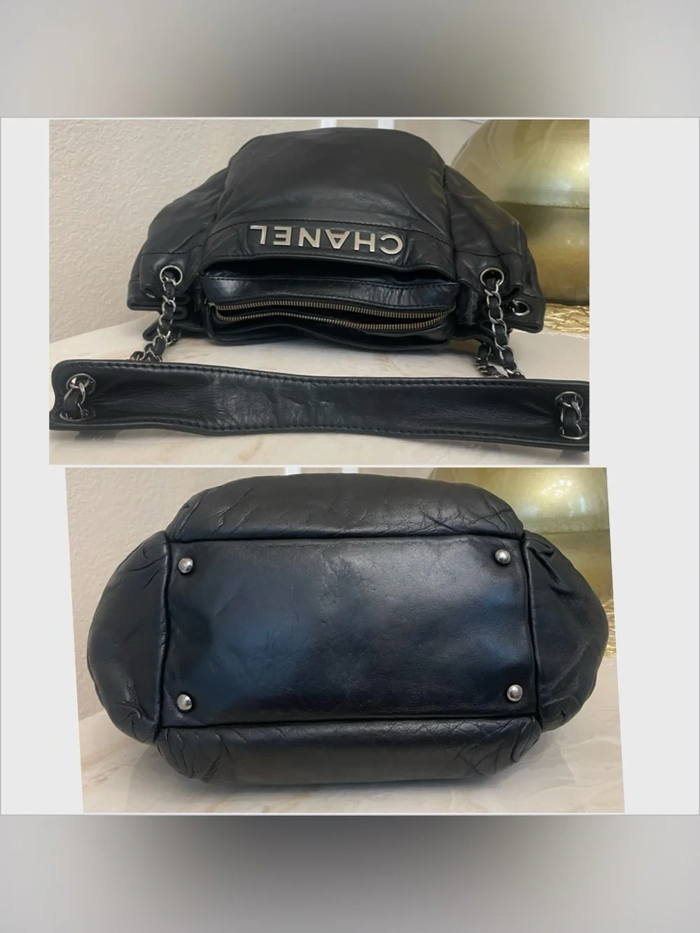 Chanel black large LAX lambskin shoulder bag gunmetal silver hardware plaque